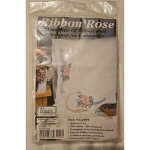 Tobin Stamped For Embroidery Pillowcase Pair Ribbon Rose Kit Craft Needlepoint